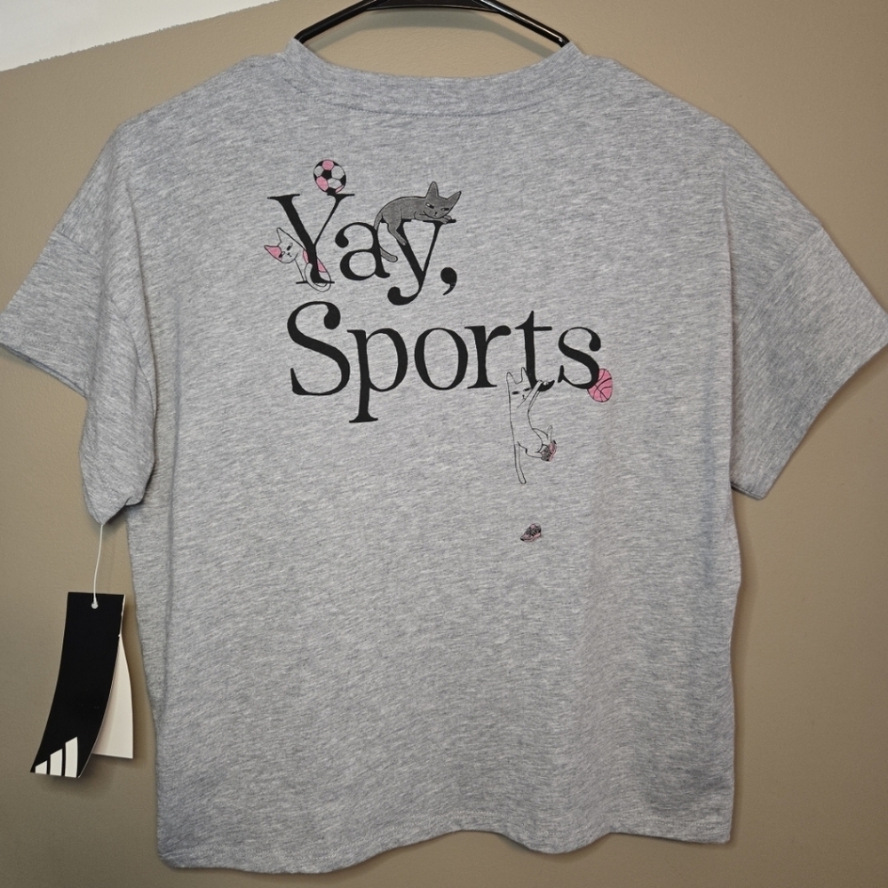 Adidas Girls' Yay Sports Gray Pink Cats Boxy Loose Fit Size Large 14 Cute Rare